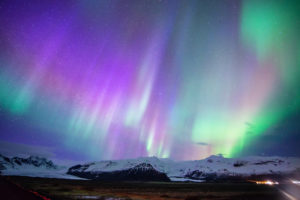 purple, green aurora borealis