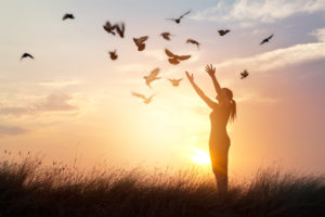 woman hands out birds