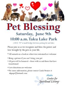 Animals and hearts across top of pet blessing flyer